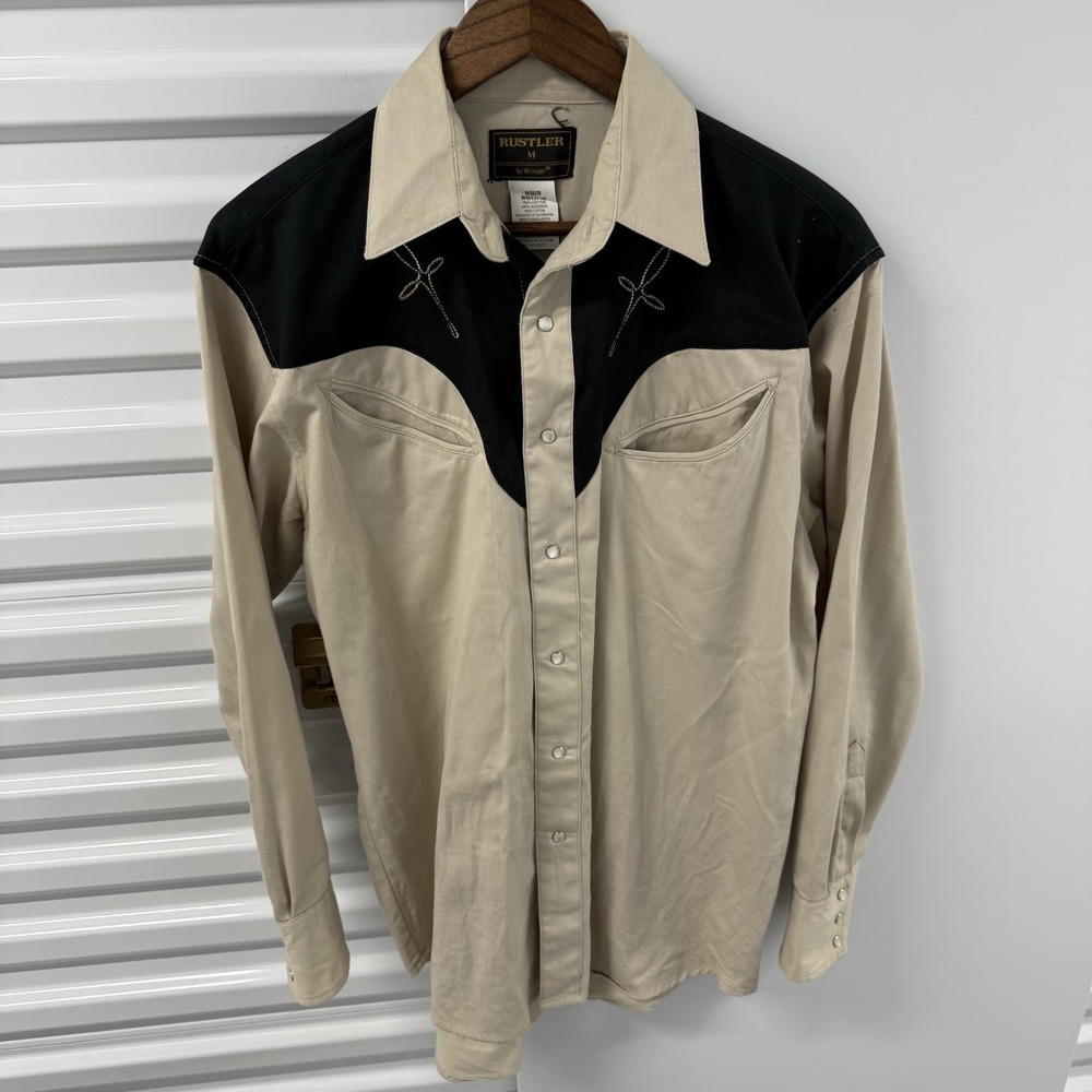 Rustler by Wrangler Western Pearl Snap Shirt Mens M Cowboy Rodeo Beige Black